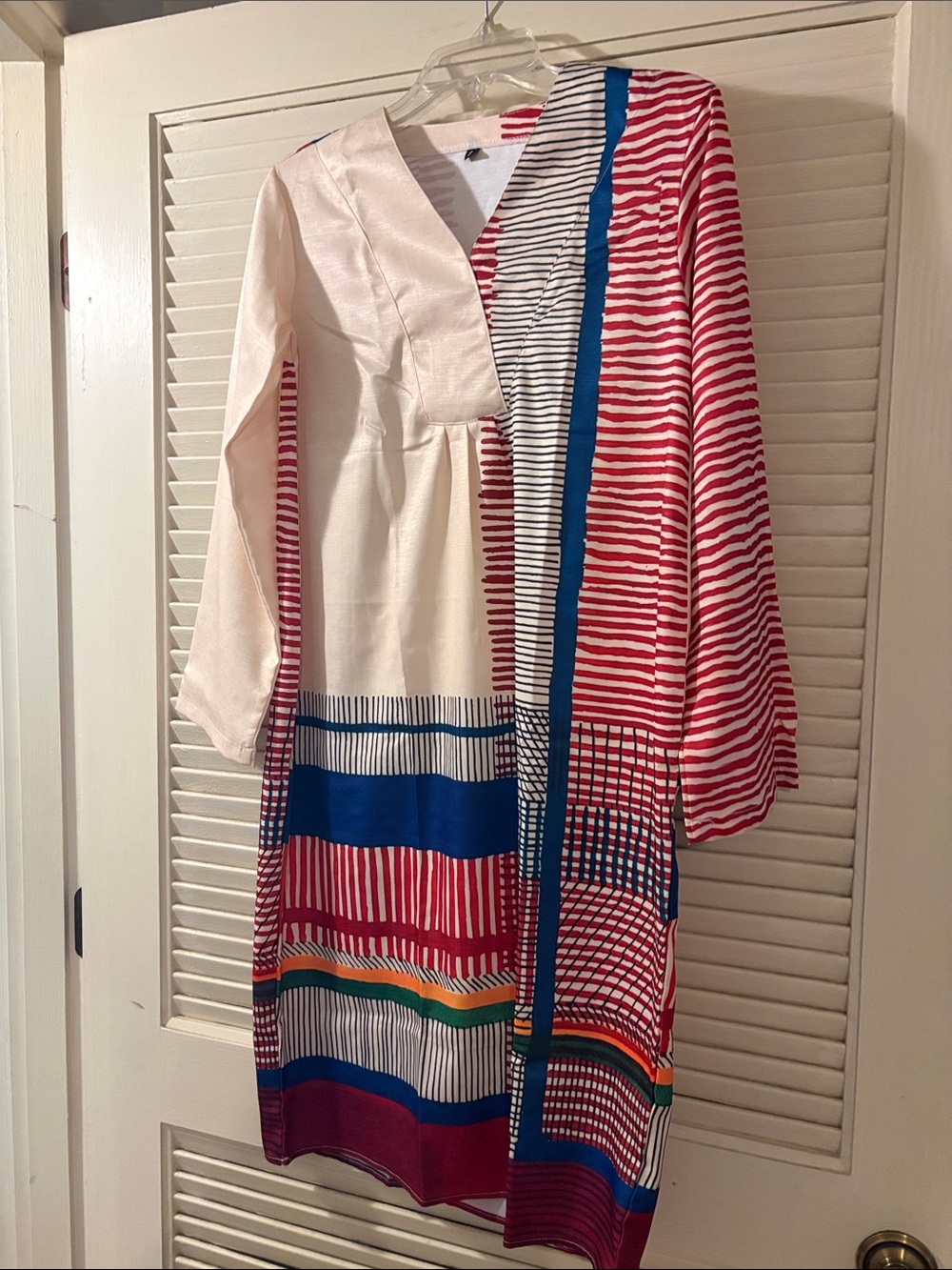 P708. Colorblock Striped Long Sleeve Midi Dress - Red, Blue, White